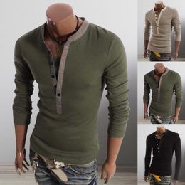 Men's Suits H043 T-Shirt Men Spring Cotton T Shirt Solid Colour Tshirt Single-breasted Collar Long Sleeve Top Slim Tee Fit