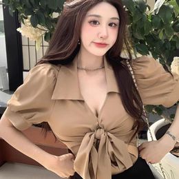Women's Blouses Sexy Deep V Lace Up Bowknot For Women Vintage Bubble Sleeve Crop Tops Khaki Shirt Female Fashion High Waist Blusa Mujer