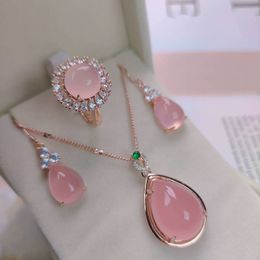 Luxury inlaid crystal Natural Pink green chalcedony pendant necklace ring earrings set 3 piece jewelry set