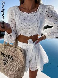 Women s Tracksuits Sexy Beach Party Lace Shorts Outfits Square Collar Short Sleeve Crop Tops And Pants Suit Two Piece Set 230704