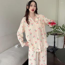 Women's Sleepwear Long Sleeve Pyjama Set Turndown Collar Cardigan Cartoon Cherry Floral Printed Women Kawaii Trendy Pyjamas Elegant Loungewe