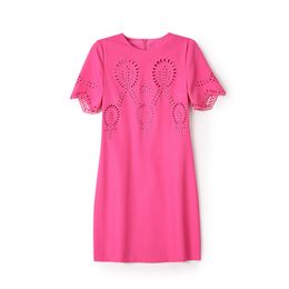 2023 Summer Red Solid Colour EmbroideryDress Short Sleeve Round Neck Knee-Length Casual Dresses W3L044202