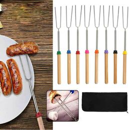 BBQ Grills 8pc Marshmallow Roasting Stick 32Inch U Shape Dog Fork Extendable Barbecue Grilling Skewer for Picnic Camping Party 230704