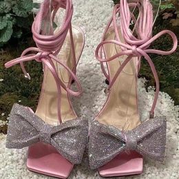 Sandals 2023 Crystal Bow Summer Ankle Strap High Heels Women Sexy Slippers Shoes Open Toe Pumps Mujer Zapatos