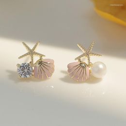 Stud Earrings European And American Fashion Personality Simple Asymmetric Zircon Refined Starfish Shell Pearl Women