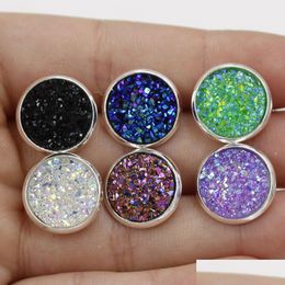 Stud 12Mm Round Druzy Stone Earrings Bling Drusy Resin Sier For Women Ladies Fashion Handmade Jewellery In Bk Drop Delivery Dhz06