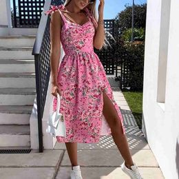 Casual Dresses Summer Women's Floral Printed Sleeveless Beach Party Slit Dress Sexy Casual Lace-Up Backless Strapless Sundress Sukienka#g5 J230705