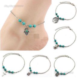 2023 NEW 6 Styles Bohemian Turquoise Anklets Women Beach Foot Chains Cross Tree Turtles Conch Fatima's Hand Anklet For Ladies Fashion Jewelry