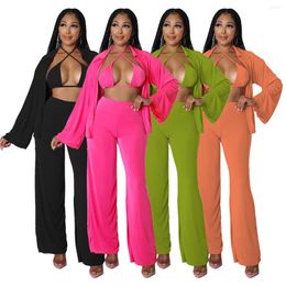Women's Two Piece Pants Echoine Long Sleeve Turn Dow Collar Shirt Top Crop Bra And Wide Leg 3 Set Women Outfits Streetwear Summer 2023