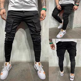 Men's Jeans New Black Biker Cargo Jeans Men Multi-Pocket Slim Fit Joggers Trousers Mens Ripped Hole Motorcycle Streetwear Denim Pencil Pants Z230706