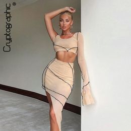 Two Piece Dress Cryptographic Sexy Sheer Mesh Top and Midi Skirt Fashion Outfit Autumn Long Sleeve Club Party Matching Set 230704