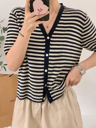 Women's Knits Summer Thin V Neck Knit Cardigan Top Women 2023 Good Quality Classic Loose Stripe Linen Cropped Knitwear For Lady