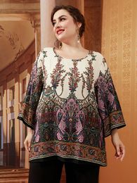 Women's Plus Size TShirt Summer Tops for Women Long Sleeve Retro Floral Print Casual Blouse Loose Oversized Clothing 230705