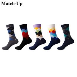 Match-Up Combed Cotton Colourful Men Socks cool casual Dress Funny party dress crew Socks Diamond Business Socks5 pairs lot 318A