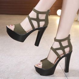 Sandals Small Size 32-43 Block High Heels Gladiator 2023 Summer Women's Flock Suede Platform Shoes Elegant For Office Model