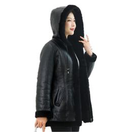 Fur Winter Women Natural Sheep Shearling Genuine Leather Jacket with Real Fur Thick Warm Hood Coat Motorcycle Zipper Outerwear