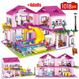 Diecast Model 1018pcs City 1 Change 3 Summer Doublestorey Villa House Building Blocks Friends DIY Garden Flower Figures Bricks Toys For Girls 230705