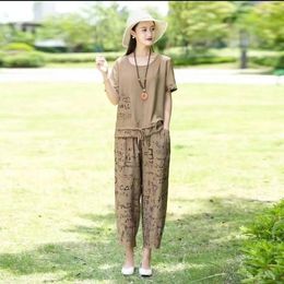 Women's Tracksuits Womens Suit Summer Casual Short Sleeve T-Shirt Top Harlan Cropped Pants Plus Fashion Cotton Linen 2 Two Piece Set