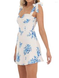 Casual Dresses Floral Print Sleeveless A-line Slip Dress With Tie-up Detailing - Summer Mini For Women Slim Fit Design