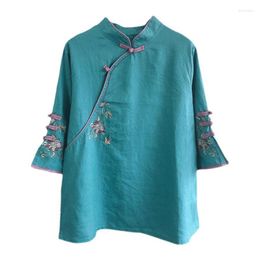 Ethnic Clothing Autumn Multicolor Seven Quarter Ladies' Cotton Linen Shirt Blouse Chinese Traditional Women's Formal Topang Costume Hanfu