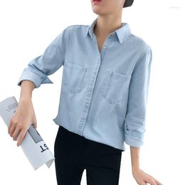 Women's Blouses Spring Autumn Women Basic Style Cotton Pocket Turn-down Collar Long Sleeves All-match Blouse Blue Denim Shirt Casual Tops