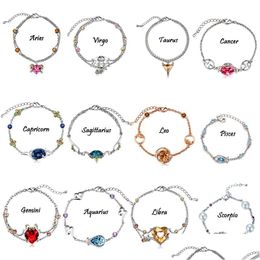 Cuff 12 Constellations Crystal Charm Bracelets Retro Bracelet Bangles For Women European Fashion Jewellery Drop Delivery Dhaiw