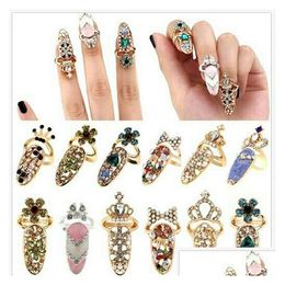 Band Rings Cute Rhinestone Bowknot Finger Nail Ring For Women Crown Flower Crystal Personality Art Resizable Knuckle Fashion Party D Dhcct