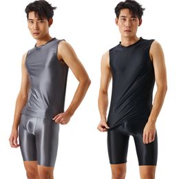 Men's Swimwear Sexy Silver Shiny Tight Transparent Tank Top Five Point Underwear Oil Fitness Shorts Smooth Swimming Yoga Set Plus Size 230705