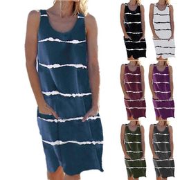 Casual Dresses Sexy Women Summer Dress Women's Round Neck Striped Printed Pocket Vest Fashion Beach Clothes 2023 Sundress Robe