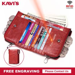 KAVIS Rfid Free Engraving High Quality Crazy Horse Leather Wallet Women Female Wallet Portomonee Small Cuzdan Short Coin Purse