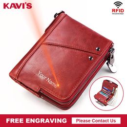 KAVIS High Rfid Quality Genuine Leather Crazy Horse Leather Wallet Women Small Walet Portomonee FeMale Cuzdan Short Coin Purse