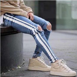 Mens Blue Ripped Holes Jeans Side Striped Skinny Straight Slim Elastic Denim Fit Jeans Male Fashion Long Trousers Jeans1249S