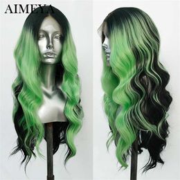 Synthetic Lace Wig Highlight Lace Front Wigs Body Wave Omber Black/Green Lace Frontal Wigs High Temperature Fibre Wigs 230524