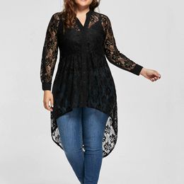 Women's Plus Size TShirt Elegant Lace Top Ladies Blouse Long Sleeve Shirt Perspective Button Up Female Large Tops Clothing 230705