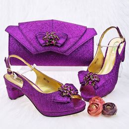 Sandals QSGFC Latest Purple Color Crystal Flower Decoration Hoof Heels Irregular Line Design Banquet Ladies Shoes And Bag Set 230630