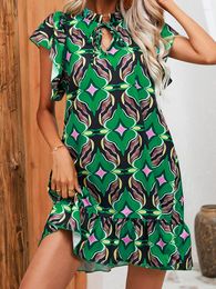 Casual Dresses Boho Print Vintage Dress Women Summer Short Sleeve Tie Up Ladies Elegant Loose Ruffles Beach Vestidos