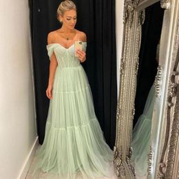 Party Dresses Sevintage Light Green Tulle Long Prom Pleats Off The Shoulder Plus Size Women Gowns Tiered Evening Dress 2023