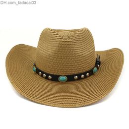 Wide Brim Hats Fashionable Summer Beach Hat Cowboy Paper Straw Hats for Men Women Wide Brim Panama Style Sun Visor Cap with Belt Decor Z230706