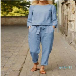 Women's Two Piece Pants Casual Elegant Ladies 2 Sets Fashion Spring Cotton Linen Tracksuit