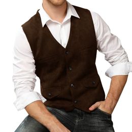 Men's Vests Brown Men Vest Herringbone Tweed Vintage Suit Waistcoat Sleeveless Jacket Tailormade Winter Formal Business Male Clothing 230705