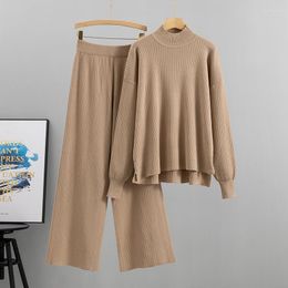 Women's Two Piece Pants 2023 2 Pieces Set Women Loose Knitted Tracksuit Turtleneck Sweater Wide Leg Pullover CHIC Outwear