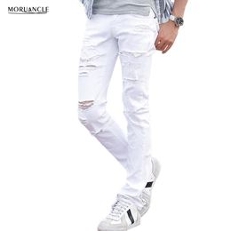 Whole- MORUANCLE Mens White Ripped Jeans Pants With Holes Super Skinny Slim Fit Destroyed Distressed Denim Joggers Trousers Fo240a