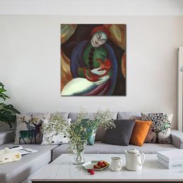 Abstract Animal Art on Canvas Girl with Cat Ii Franz Marc Handmade Oil Painting Modern Decor