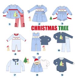 Jerseys Baby Boutique Long Sleeve T shirt Round Neck Santa And Puppy Print Girls Romper With Bow Boy Blue Top Clothes Lattice Pants 230704