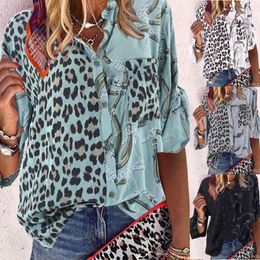 Women's Blouses Plus Size Fashion Leopard Blouse Shirt Buttons V-Neck Tops Casual Autumn Winter Ladies Female Women Long Sleeve Blusas