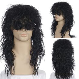 Synthetic Wigs Guruilagu men's long curly synthetic wig role-playing wig men's curly hair black blonde wig with bangs fluffy nightclub bar wig 230704