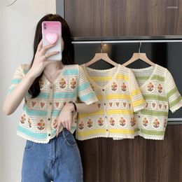 Women's T Shirts Women Summer V Neck Short Sleeve Tops Loose Knit Pullover Floral Sexy Button Patchwork Striped Elegant T-shirt P176