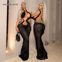 Casual Dresses Anjamanor o Ring Cut Out Backless Maxi See Through Fishnet Mesh Black Party Club Sexy Summer Dress Women 2023 D82-cg26