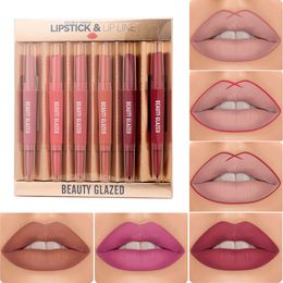 Lipstick Beauty Glazed 6pcs Set Double-end Lip Makeup Lipstick Pencil Waterproof Long Lasting Tint Sexy Red Lip Stick Matte Liner Pen 230705