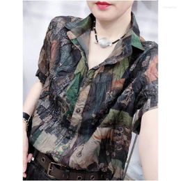 Women's Blouses 2023 Summer Arts Style Women Short Sleeve Turn-down Collar Loose Casual Shirts Vintage Print Blouse Female Tops V806